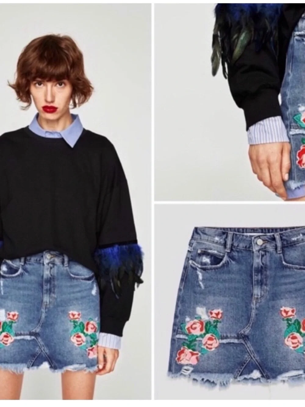 Zara rose floral embroidered distressed raw hem mini skirt - Picture 1 of 5
